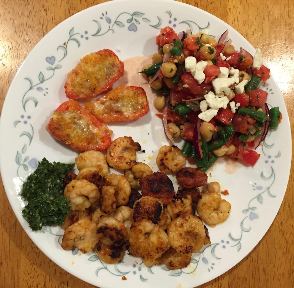 Chipotle-Mint Shrimp With Chorizo, Chorizo-Stuffed Jalapeños, Minty Chick Pea, Green Bean, & Tomato Salad