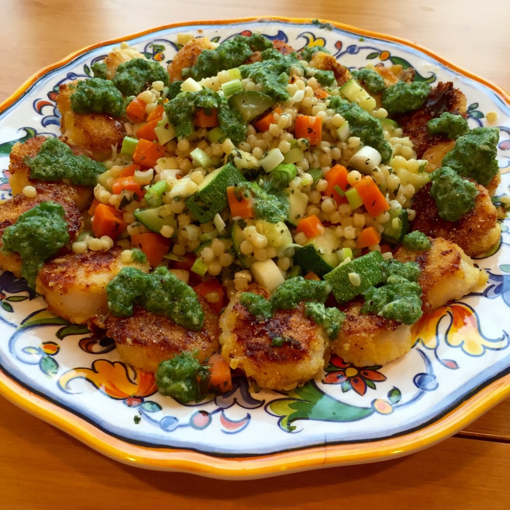 Cornmeal-Crusted Scallops with Mint Chimichurri & Couscous Pilaf