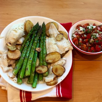Halibut, Asparagus, &amp; Potatoes With Cherry Tomato Salsa