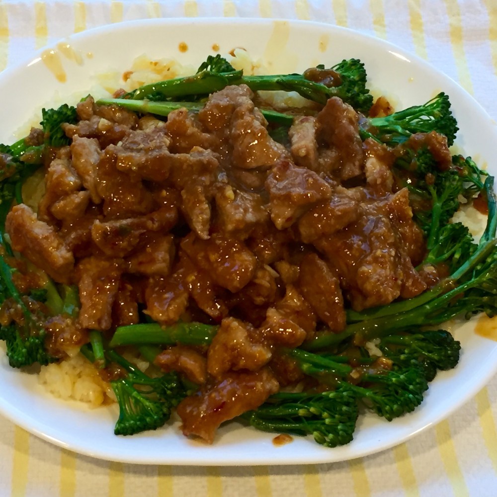 Orange Pork With Broccolini, Scallions and Rice