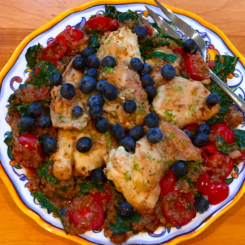 Blueberry Balsamic Chicken With Bulgur, Tomatoes, and Kale
